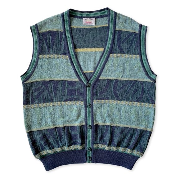 Vintage V Neck Knit Sweater Vest Blue Green Cardigan Eclectic Grandpa Cottage - Picture 1 of 9